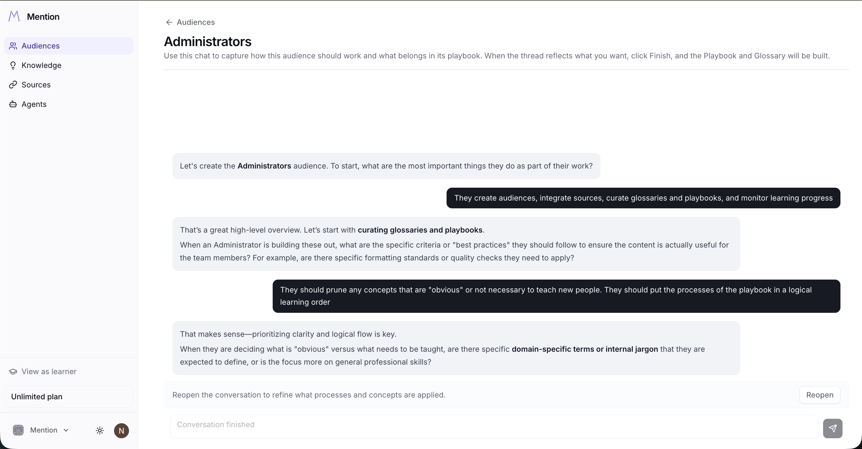 Admin shaping a learning audience through a chat conversation