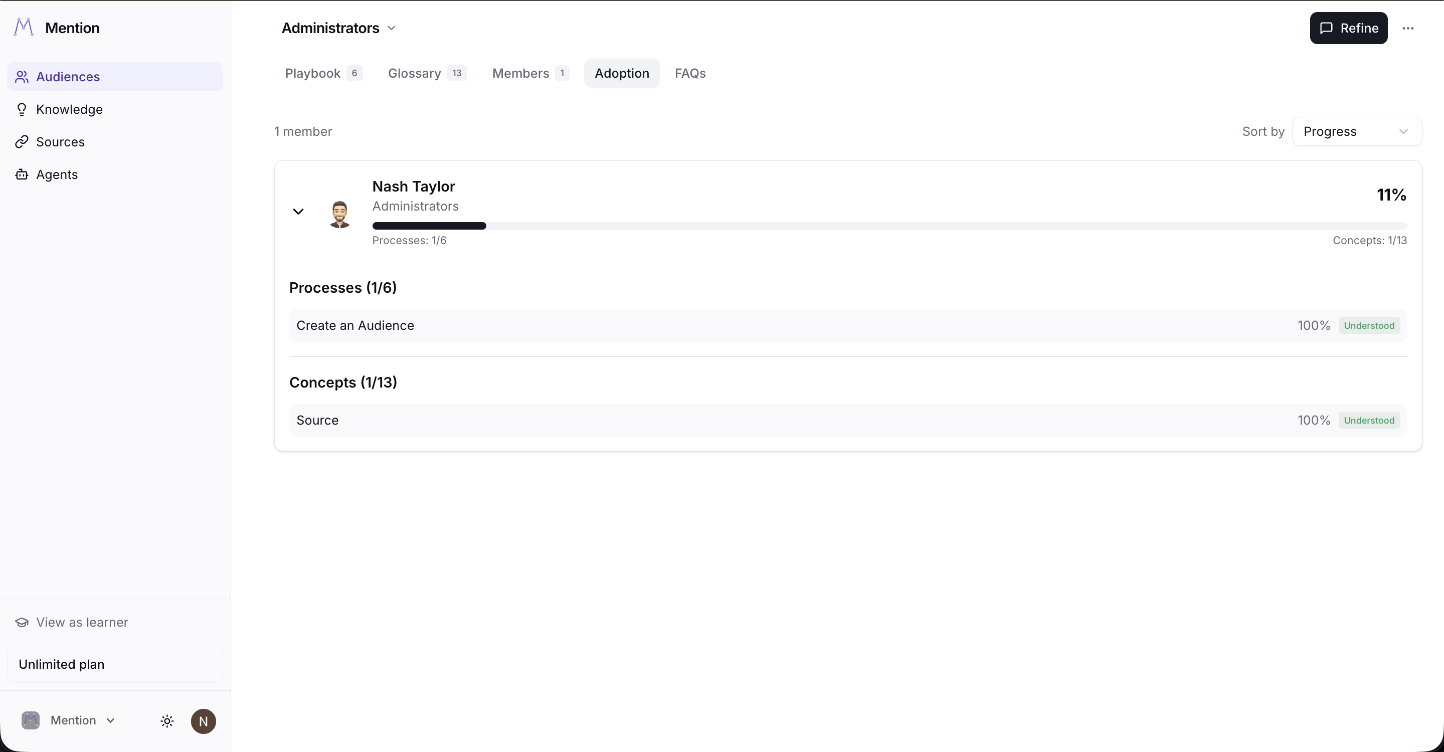 Adoption tab showing per-member progress across processes and concepts