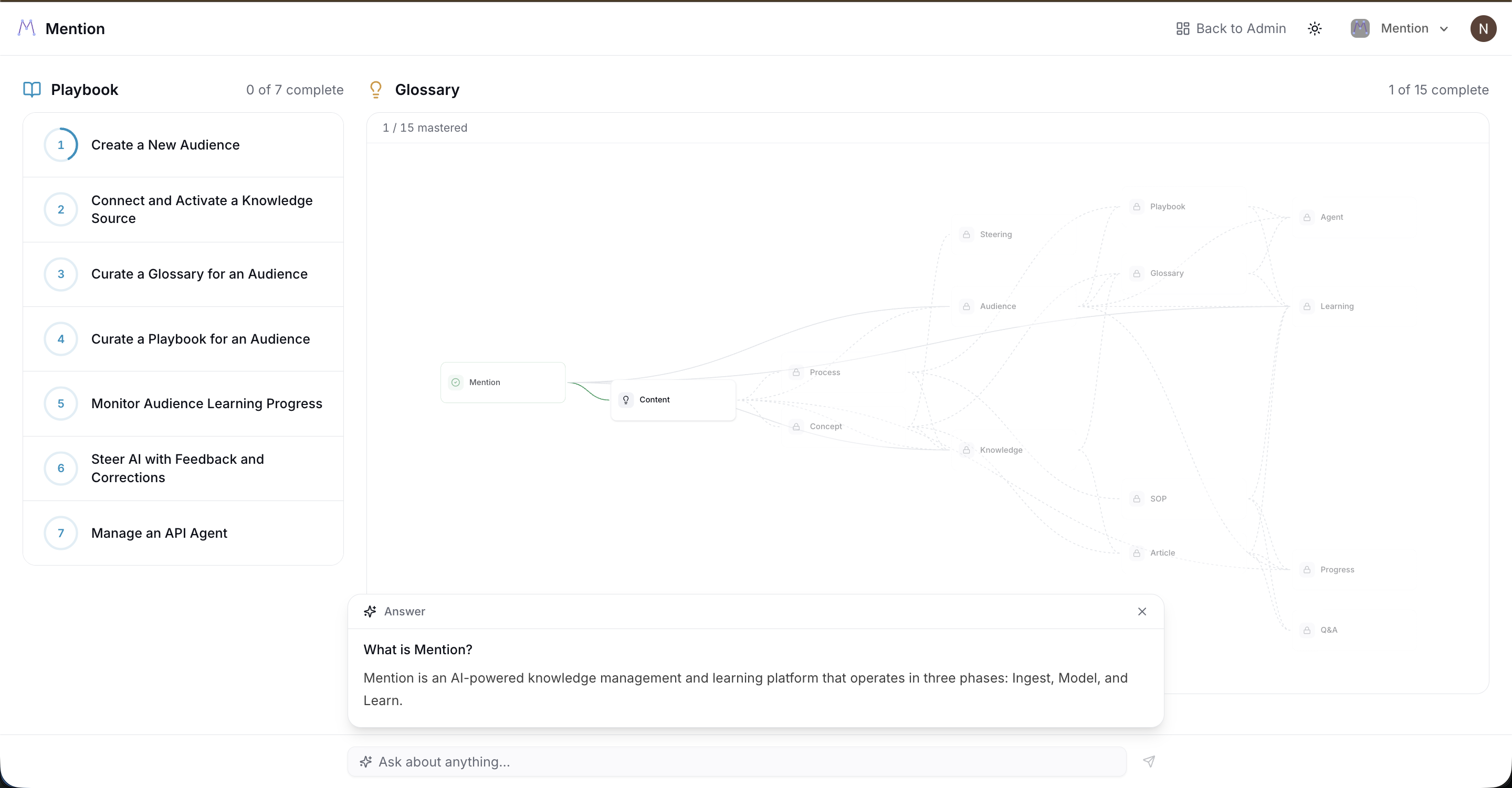Learner asking a question and getting an AI answer grounded in the team's knowledge